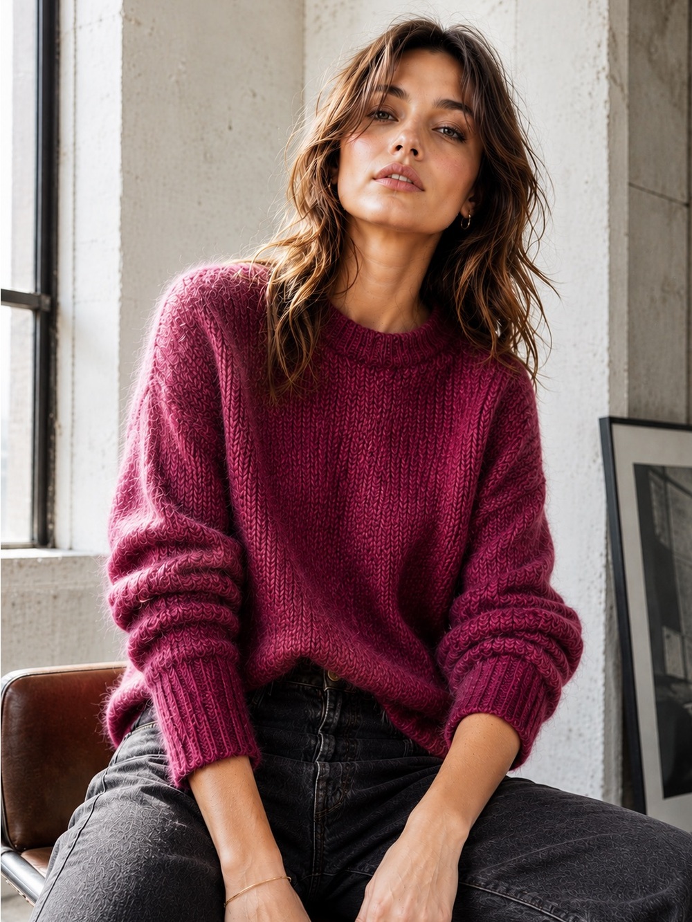 Banana Republic Italian Yarn Sweater S Berry Pink Fuzzy Soft Cozy Pullover